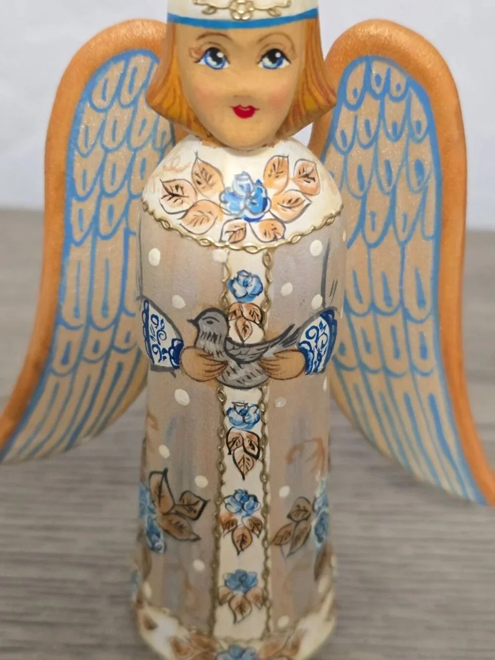 Russian Hand Painted Wooden Angel Blue and Gold Floral Folk Art Signed 5